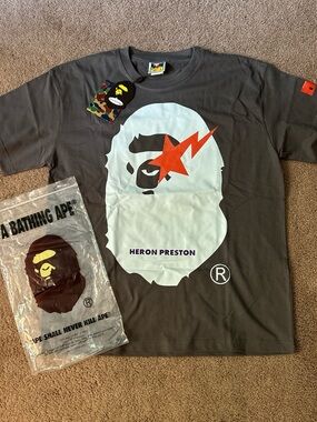 Bape Heron Preston Gray Tee with White Ape Face and Red Star